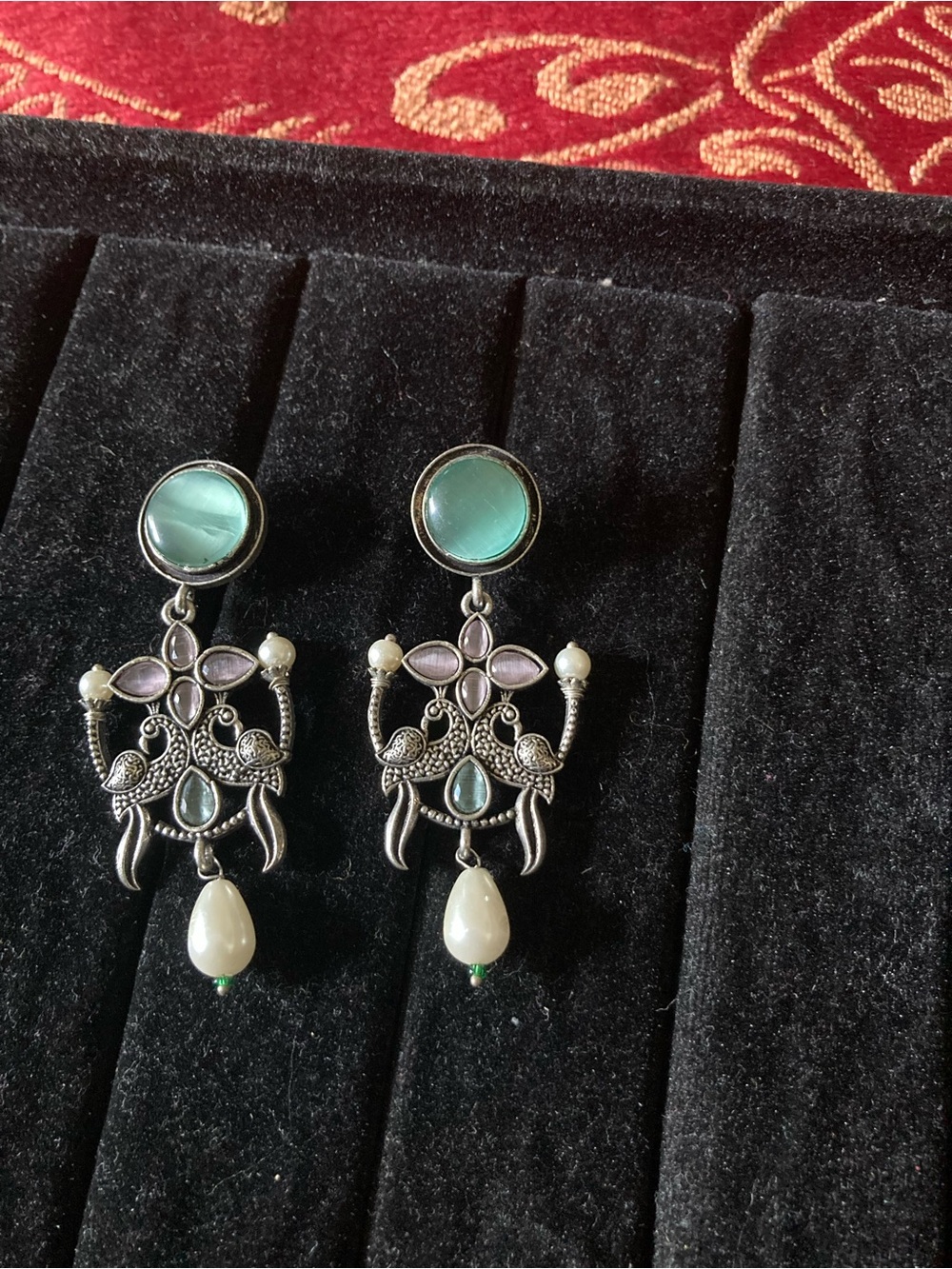Artisan Silver-Tone Green & Pearl Drop Dangle Earrings